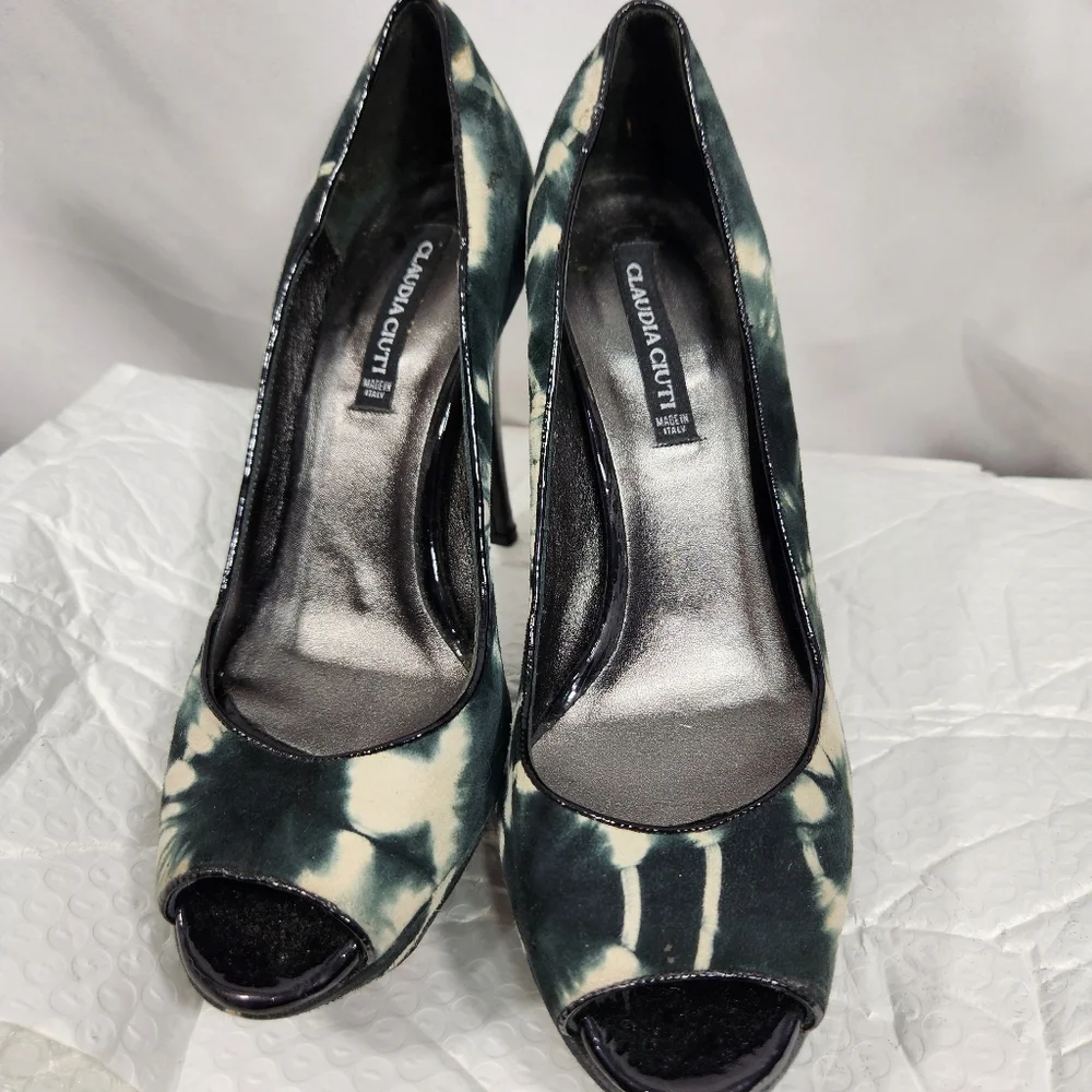 Claudia Ciuti Leather Blue & White Tie Dye Peep Toe Platform Heels Size 6M